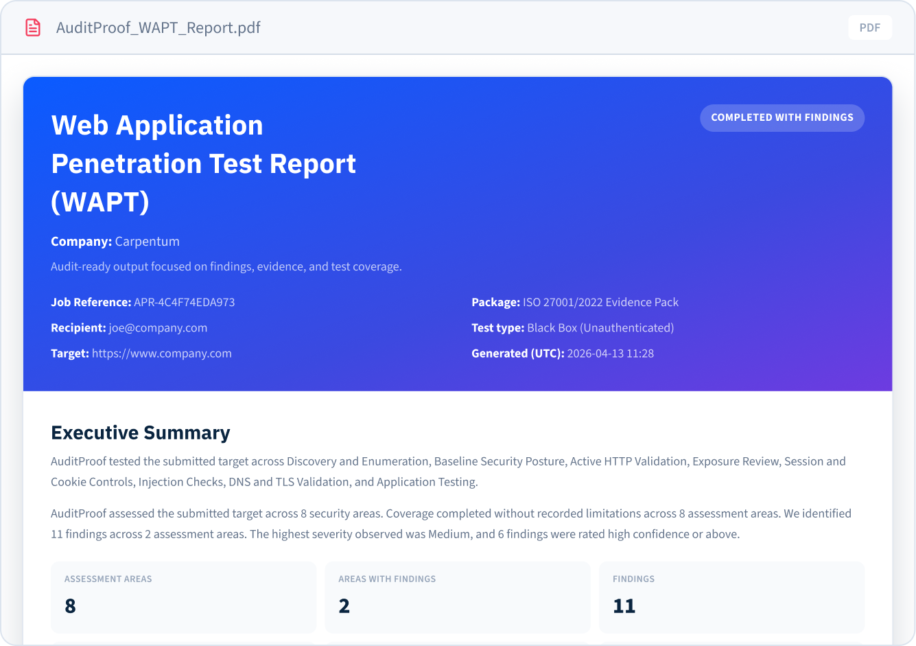 Sample AuditProof Web Application Penetration Test Report (WAPT) PDF open on a laptop, showing the executive summary and findings counts